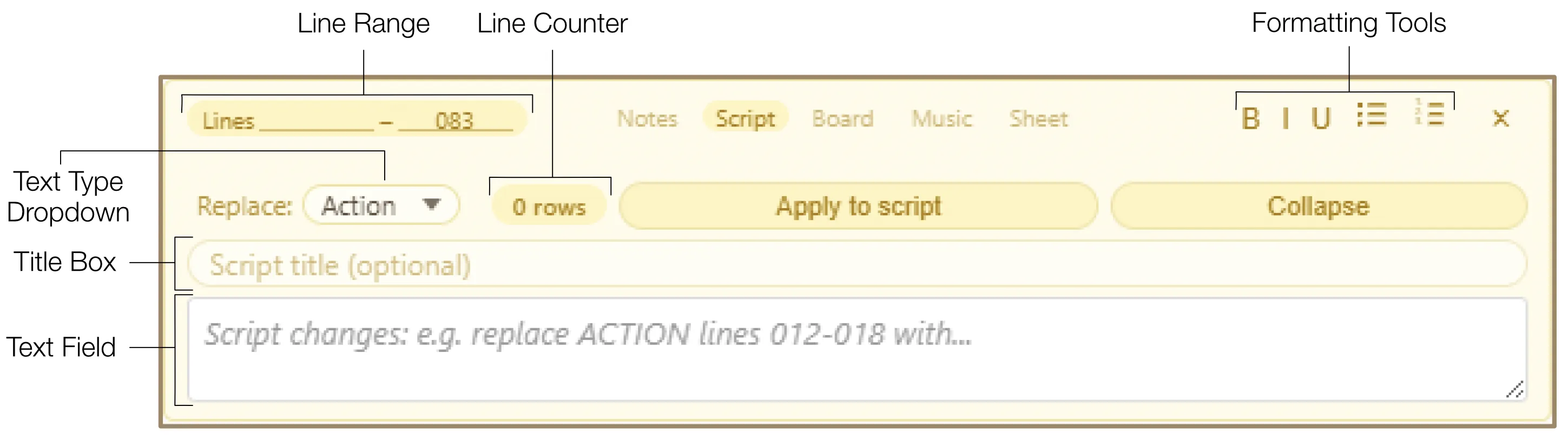 Script injection overview showing the text field with Line Range header and Text Type dropdown